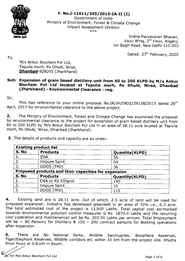 ENVIRONMENT CLEARANCE CERTIFICATE  200 KLPD