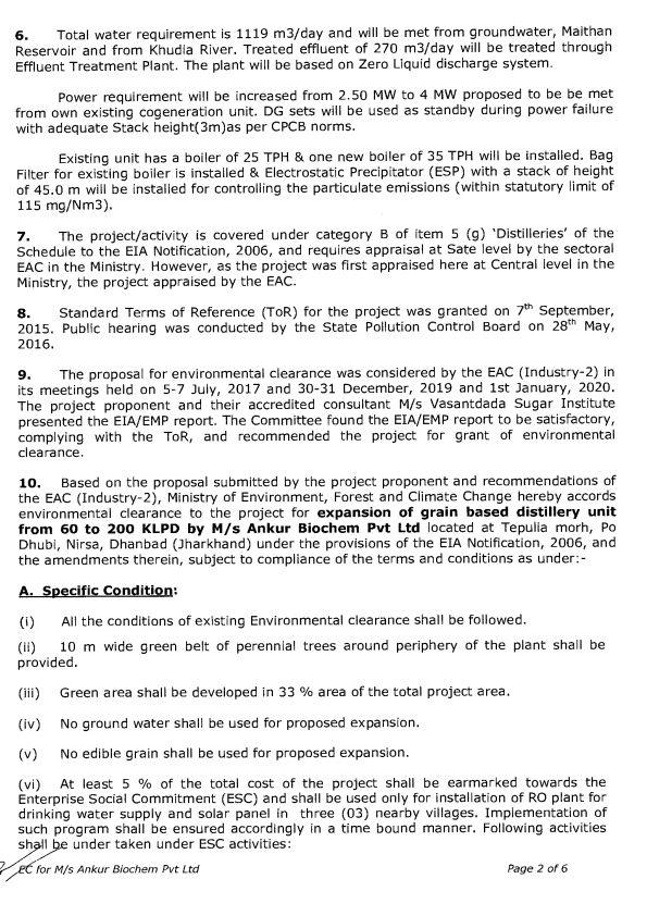 ENVIRONMENT CLEARANCE CERTIFICATE  200 KLPD